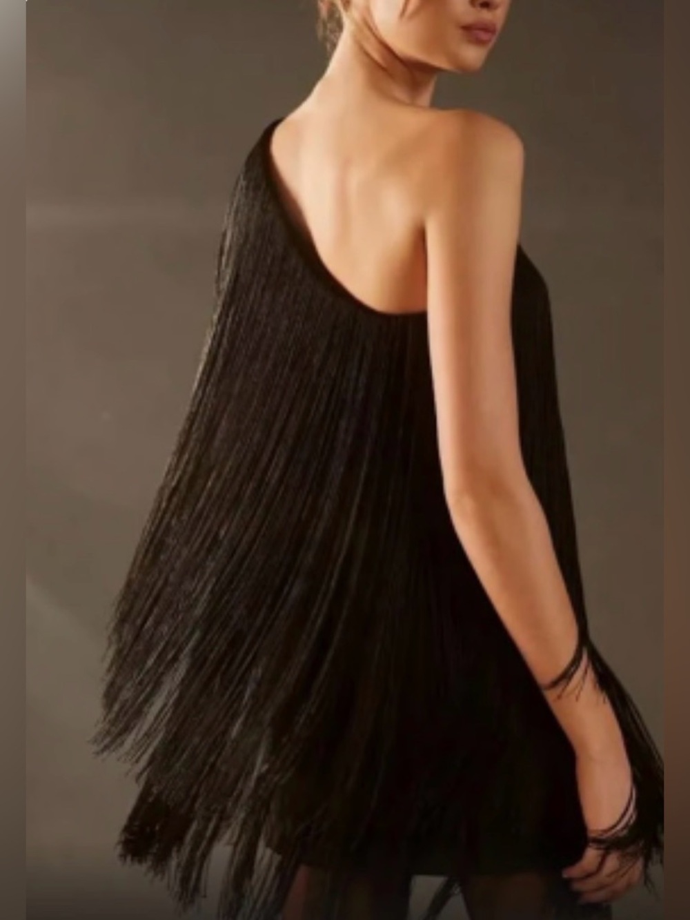 Black One-Shoulder Fringe Cocktail Dress